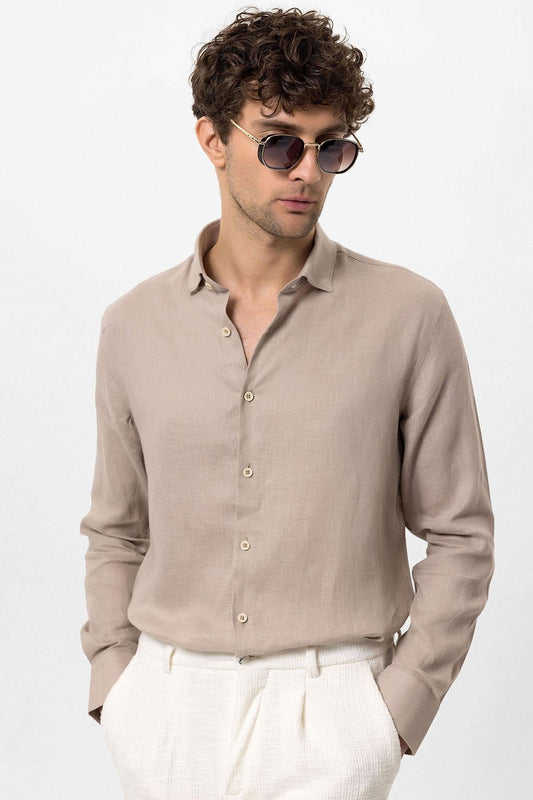 Men's Beige Collar Button Detailed 100% Linen Shirt