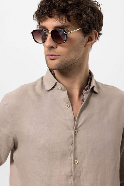 Men's Beige Collar Button Detailed 100% Linen Shirt