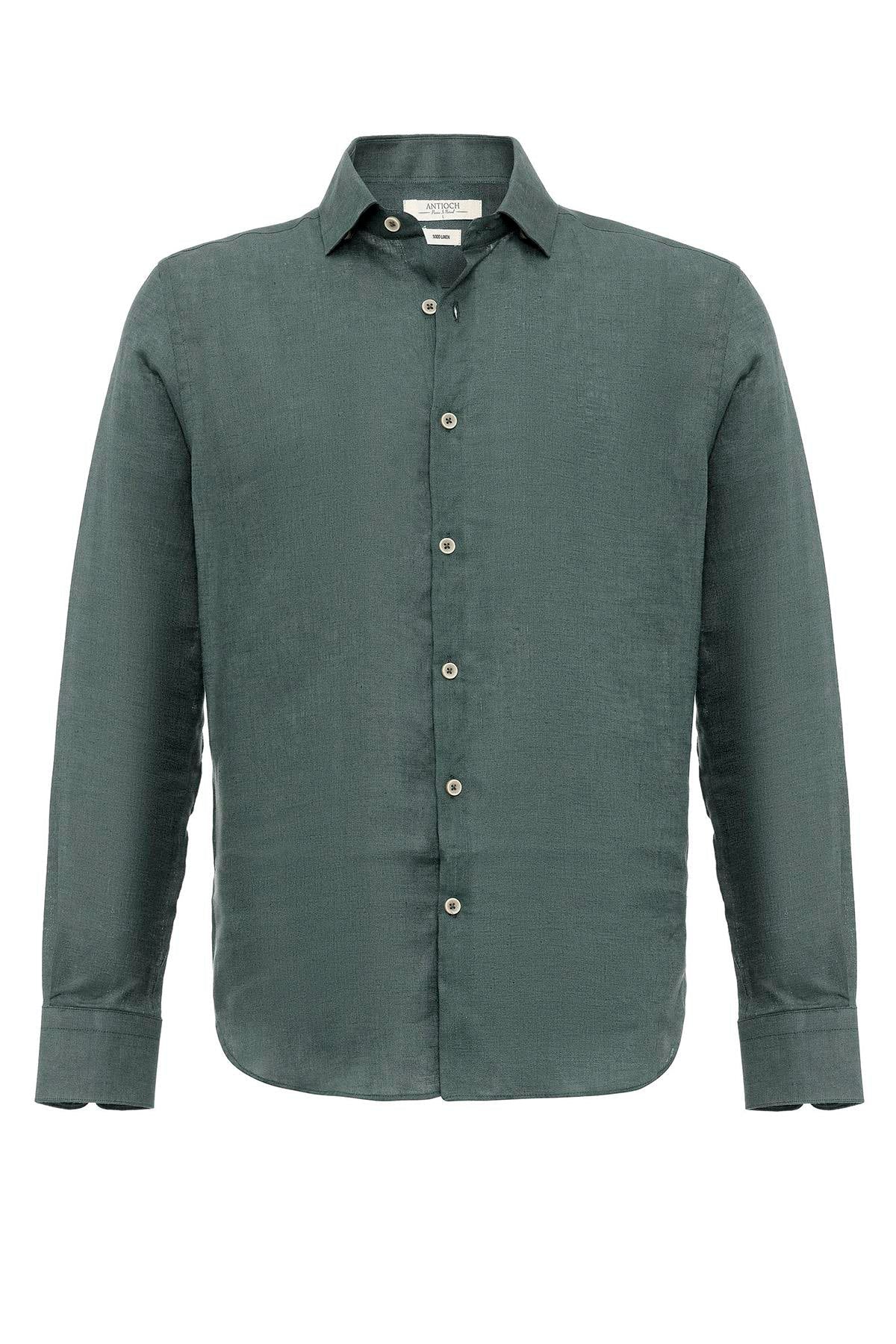 Men's Green Collar Button Detail 100% Linen Shirt