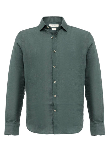 Men's Green Collar Button Detail 100% Linen Shirt