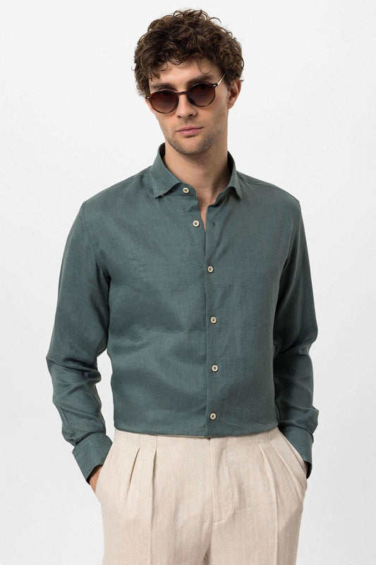 Men's Green Collar Button Detail 100% Linen Shirt