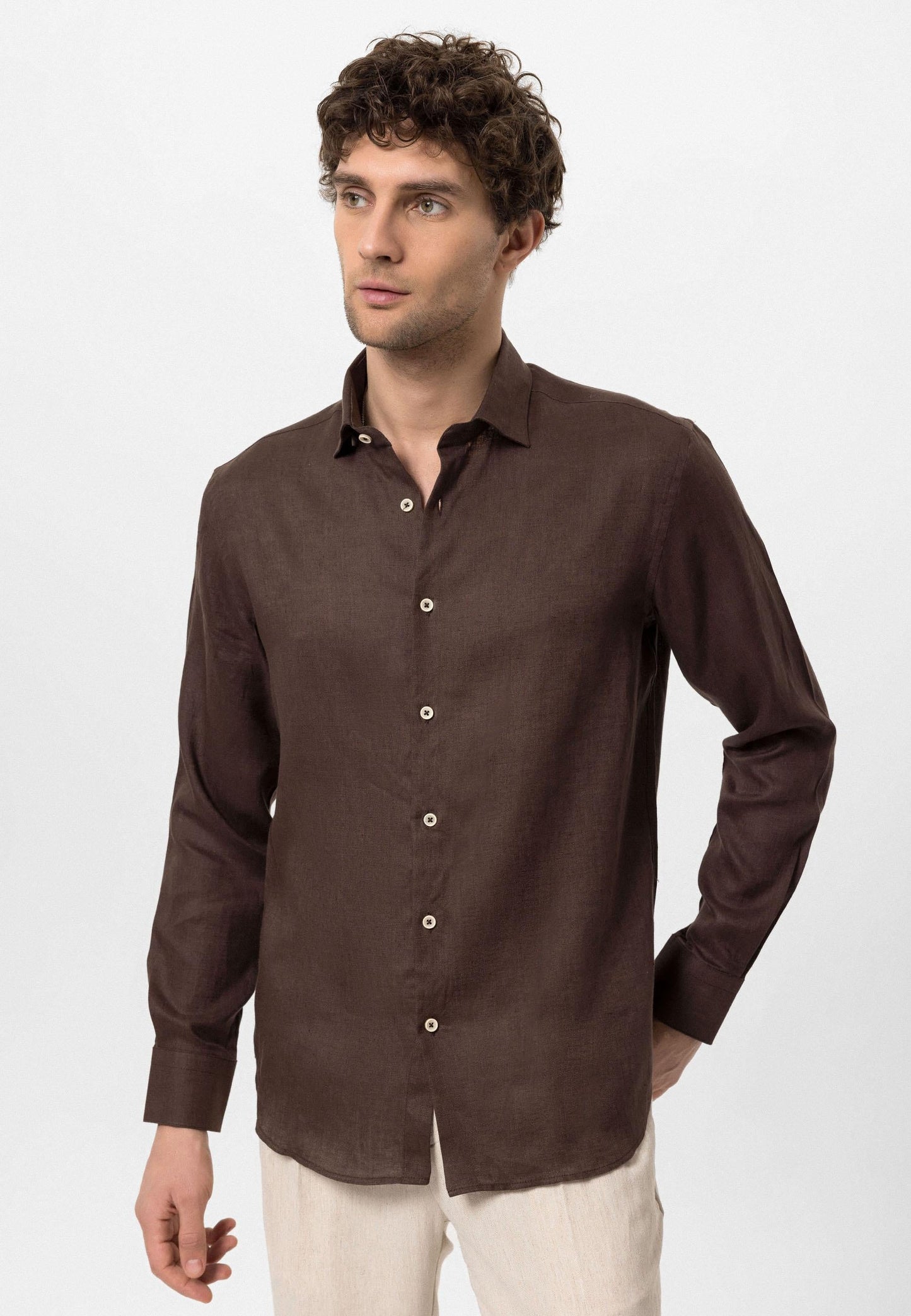 Men's Dark Brown Collar Button Detail 100% Linen Shirt