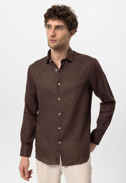 Men's Dark Brown Collar Button Detail 100% Linen Shirt