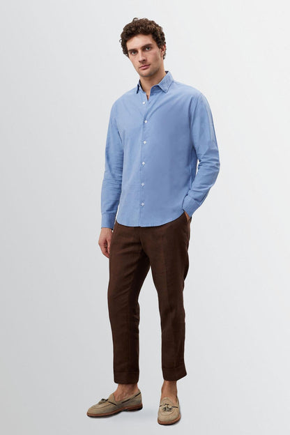 Men's Dark Blue Collar Button Detail 100% Linen Shirt