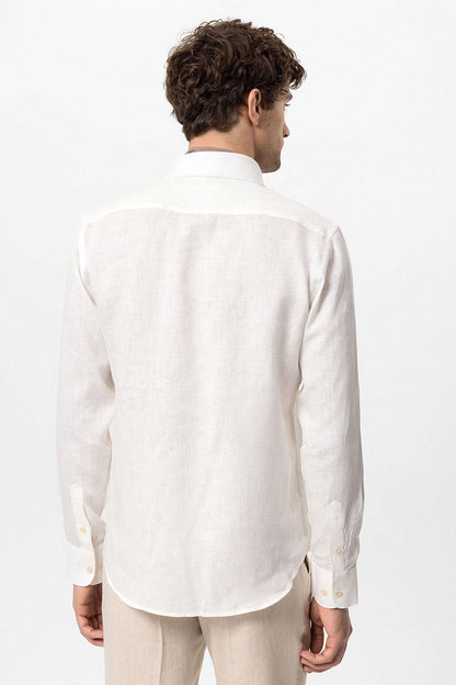 Men's White Collar Button Detail 100% Linen Shirt -
