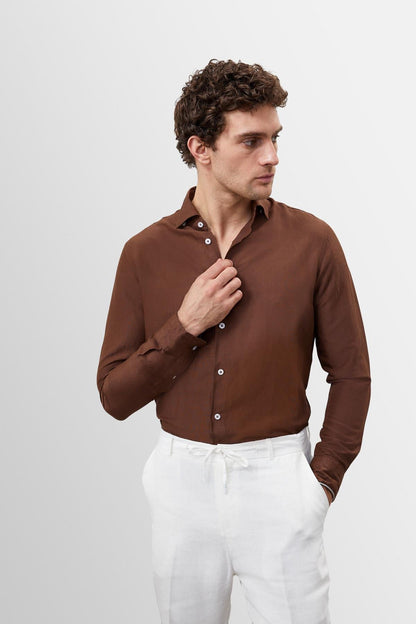 Men's Brown Collar Button Detailed 100% Linen Shirt