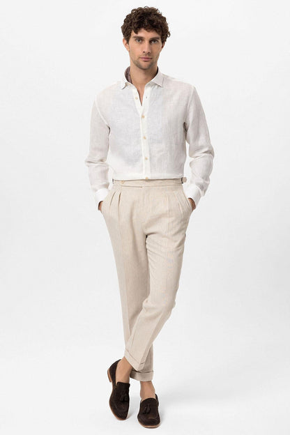 Men's White Collar Button Detail 100% Linen Shirt -