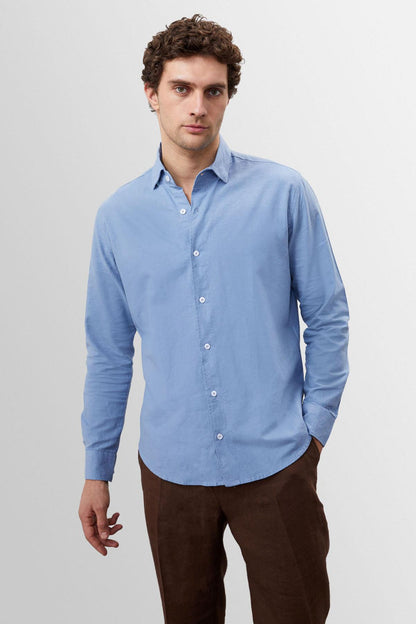 Men's Dark Blue Collar Button Detail 100% Linen Shirt