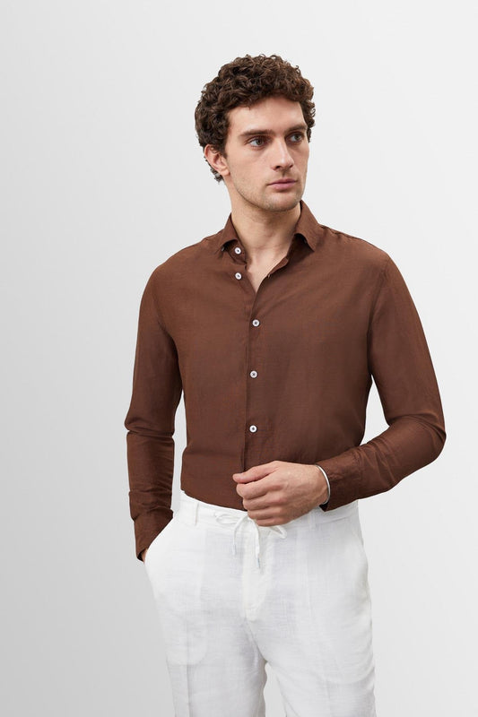 Men's Brown Collar Button Detailed 100% Linen Shirt
