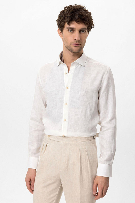 Men's White Collar Button Detail 100% Linen Shirt -