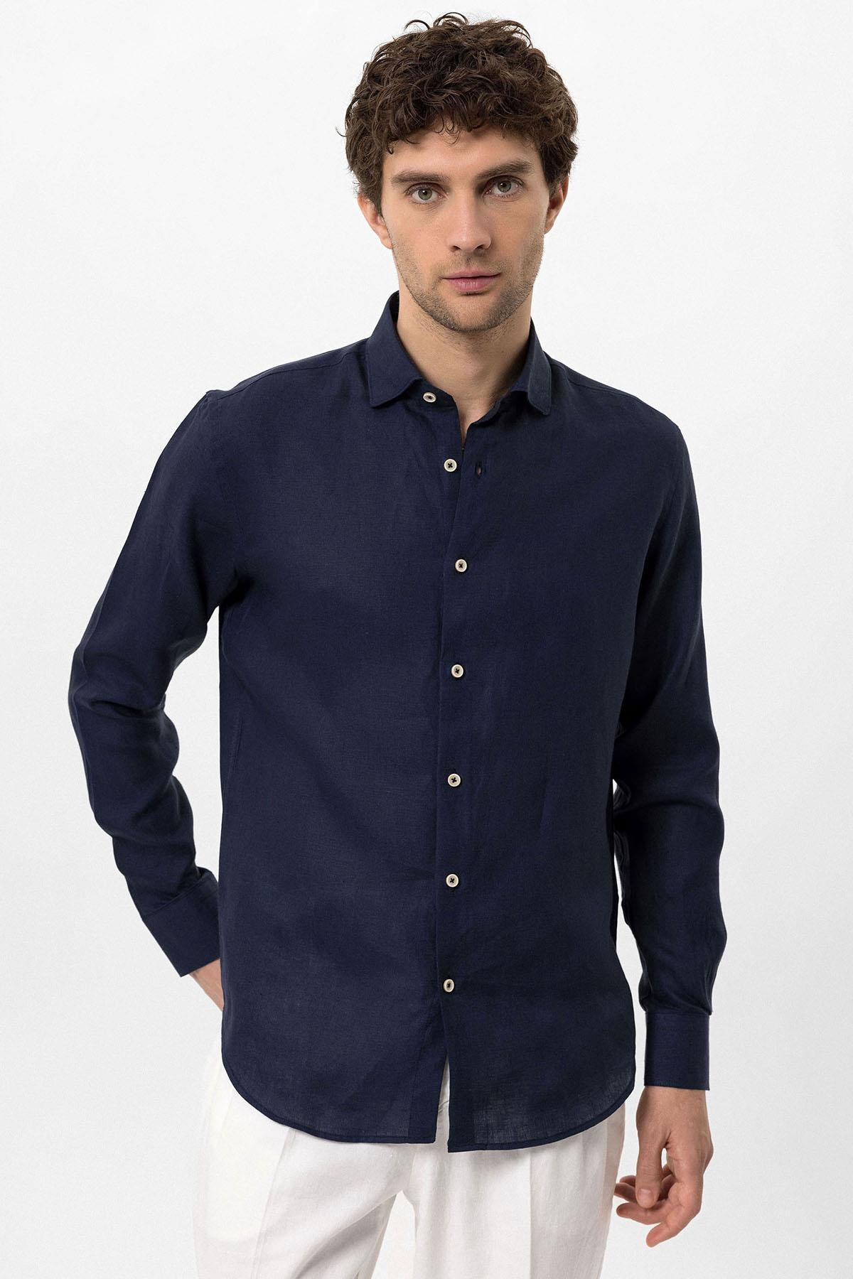 Men's Navy Blue Collar Button Detailed 100% Linen Shirt
