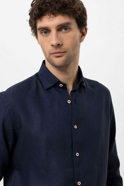 Men's Navy Blue Collar Button Detailed 100% Linen Shirt