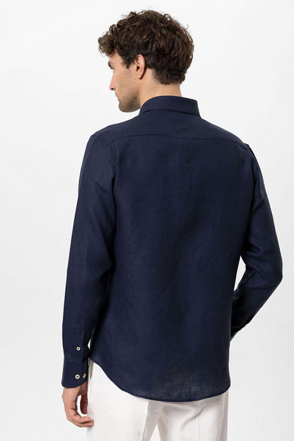Men's Navy Blue Collar Button Detailed 100% Linen Shirt