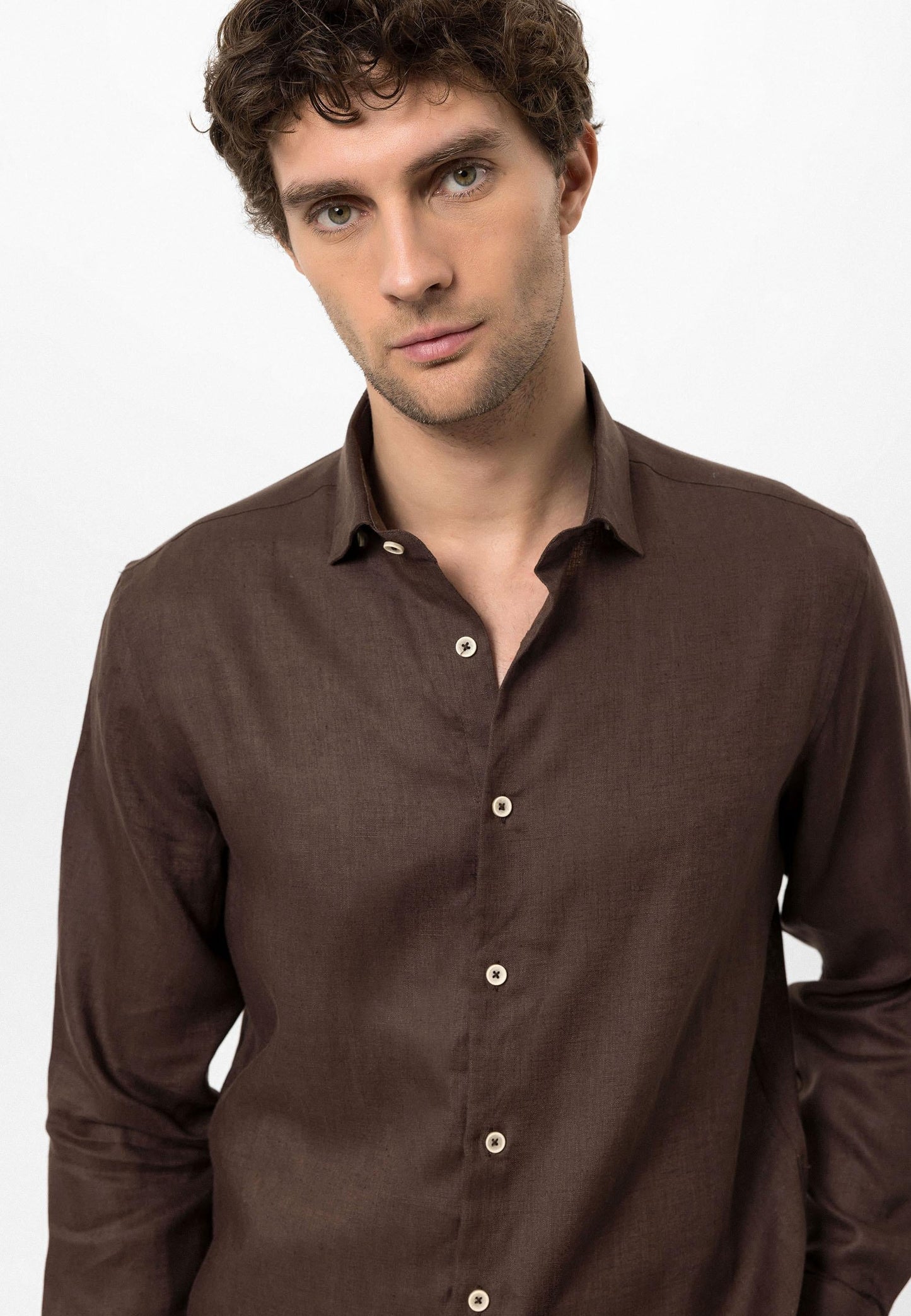 Men's Dark Brown Collar Button Detail 100% Linen Shirt
