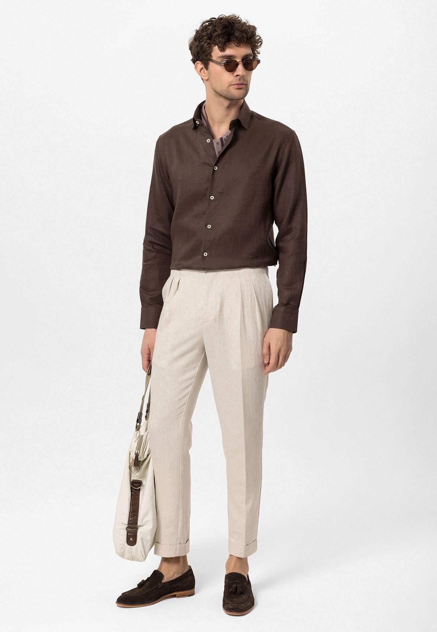 Men's Dark Brown Collar Button Detail 100% Linen Shirt