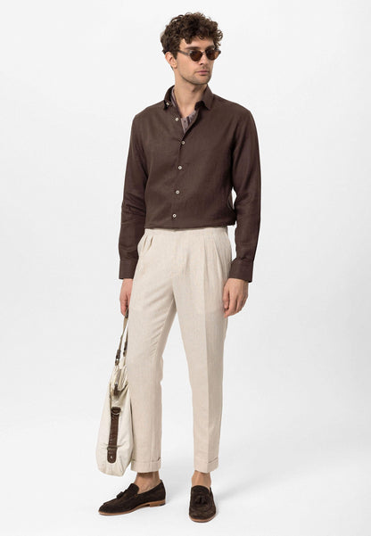 Men's Dark Brown Collar Button Detail 100% Linen Shirt