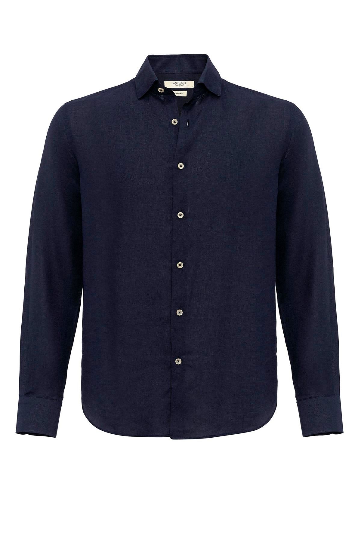 Men's Navy Blue Collar Button Detailed 100% Linen Shirt