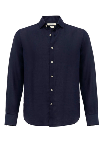 Men's Navy Blue Collar Button Detailed 100% Linen Shirt