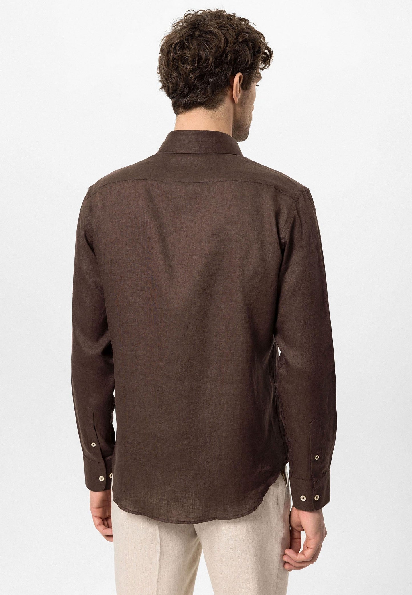 Men's Dark Brown Collar Button Detail 100% Linen Shirt