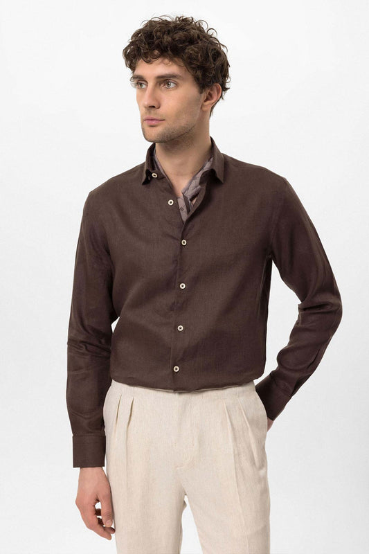 Men's Dark Brown Collar Button Detail 100% Linen Shirt