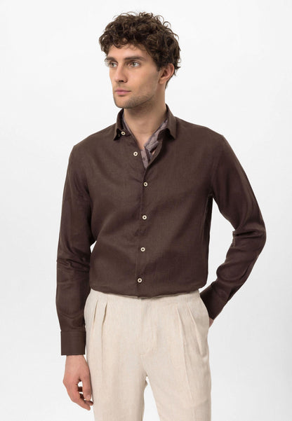 Men's Dark Brown Collar Button Detail 100% Linen Shirt