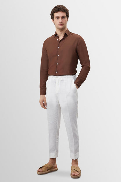 Men's Brown Collar Button Detailed 100% Linen Shirt