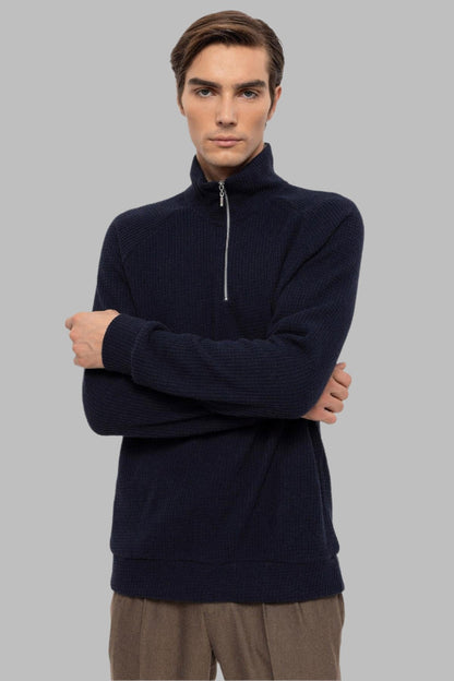 Men's Navy Blue Half Zipper High Collar Sweater