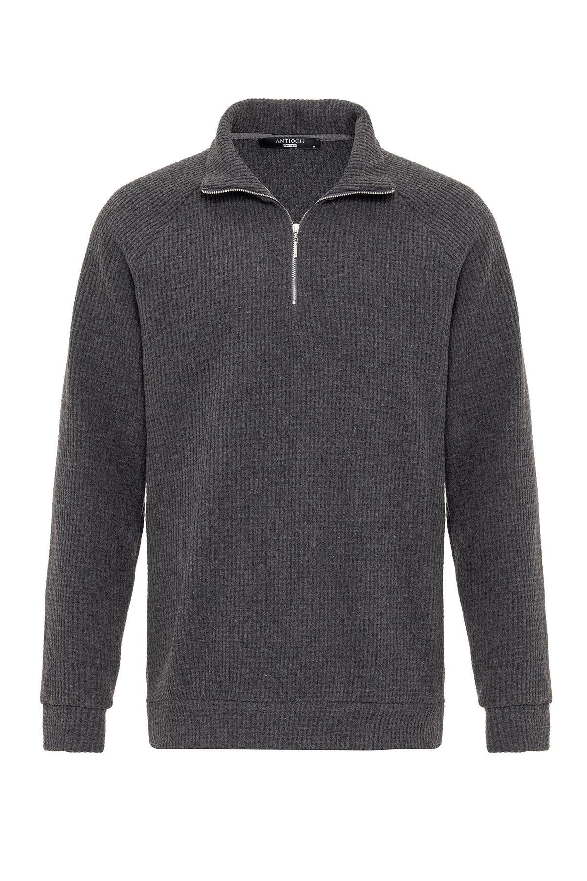 Men's Grey Half Zipper High Collar Sweater