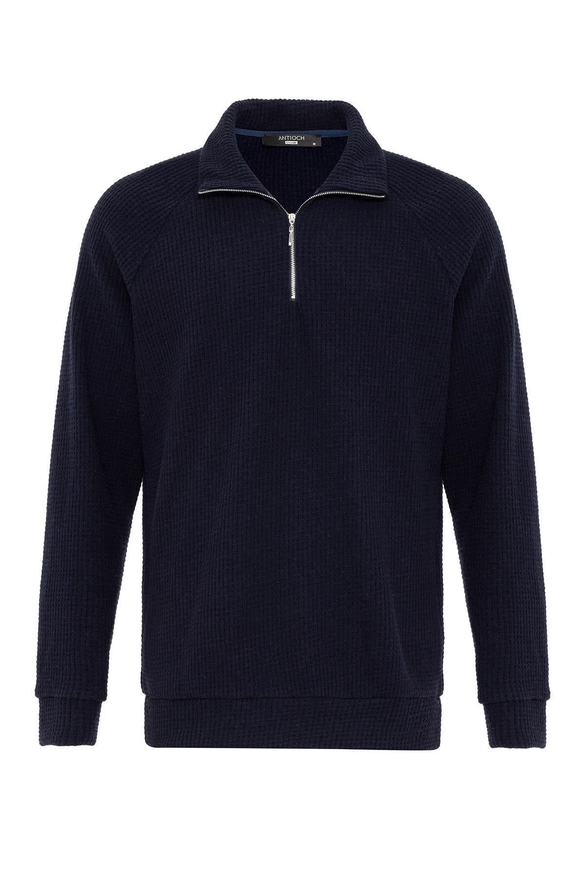 Men's Navy Blue Half Zipper High Collar Sweater