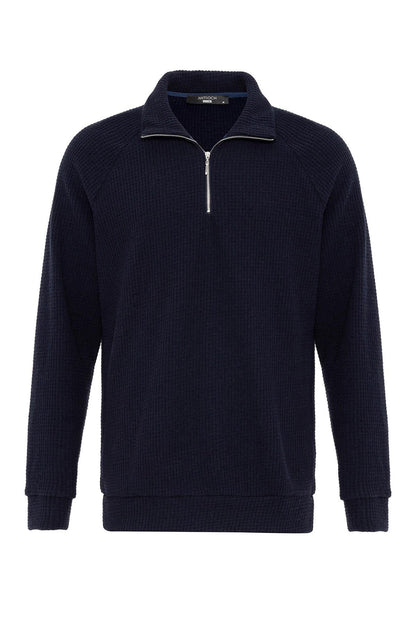 Men's Navy Blue Half Zipper High Collar Sweater