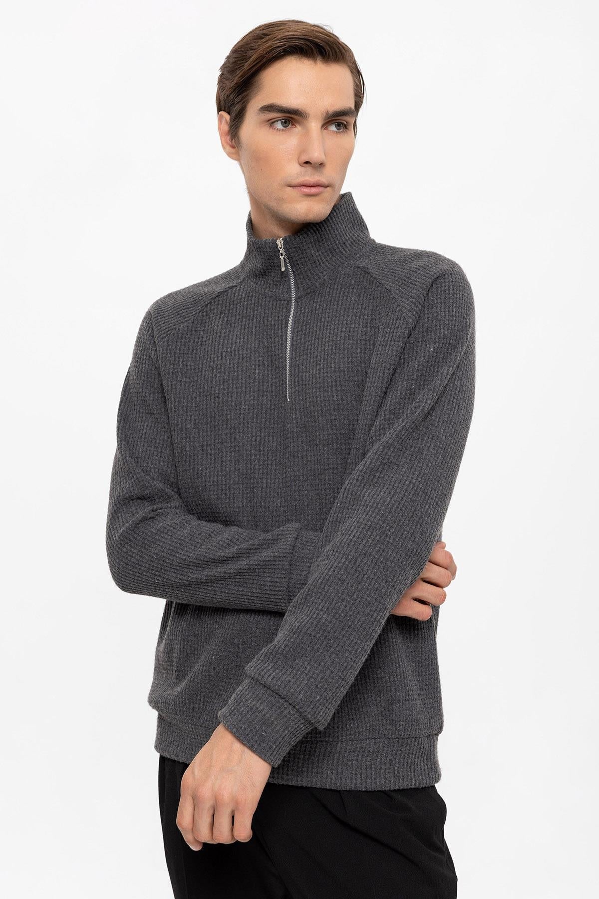 Men's Grey Half Zipper High Collar Sweater