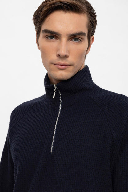 Men's Navy Blue Half Zipper High Collar Sweater