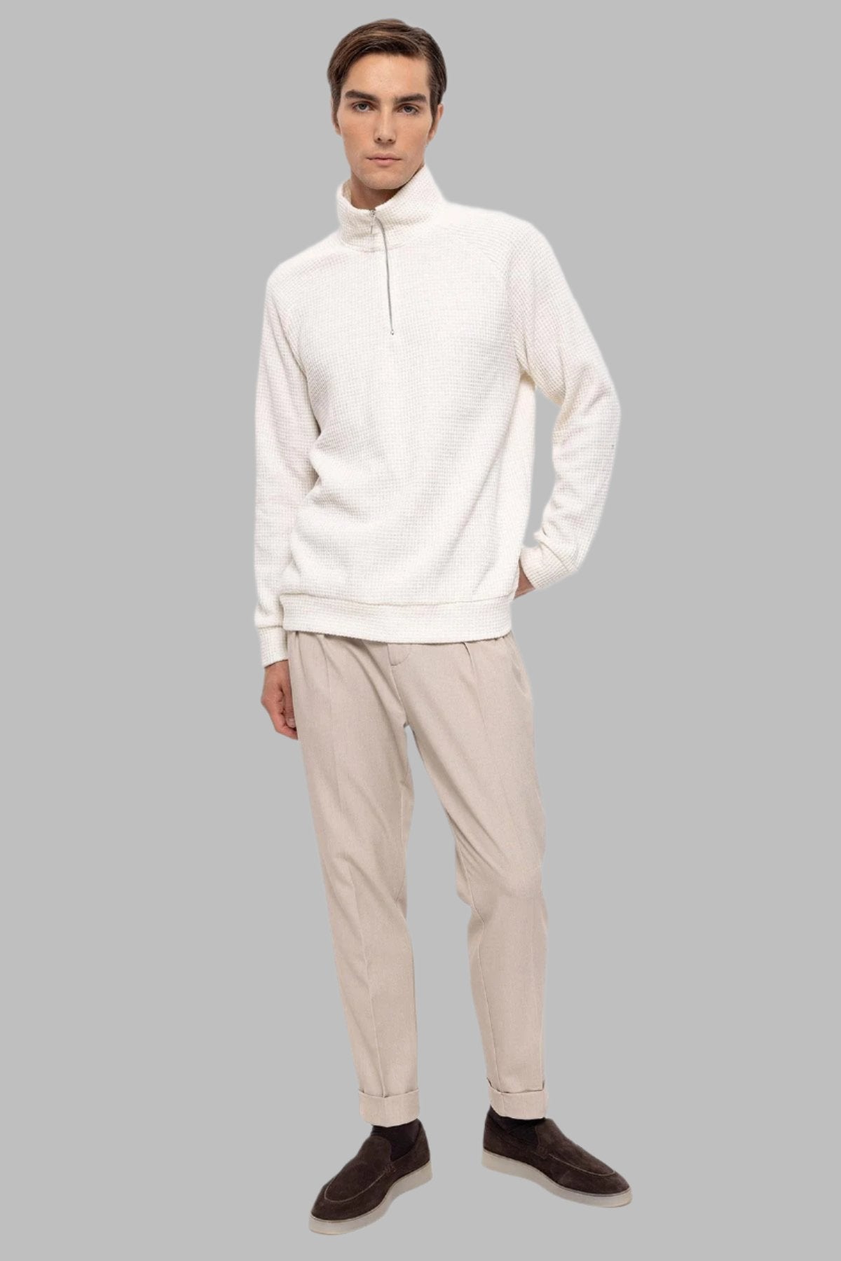 Men's Ecru Half Zipper High Collar Sweater