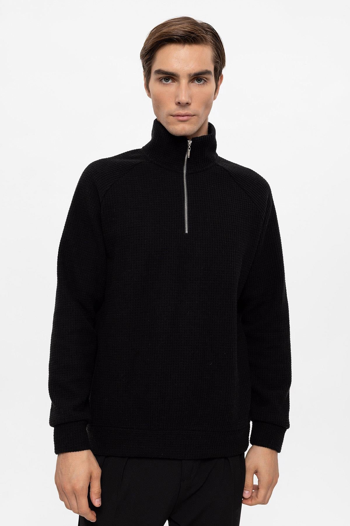 Men's Black Half Zip Stand Collar Sweater