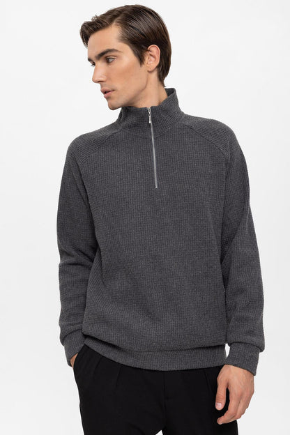 Men's Grey Half Zipper High Collar Sweater