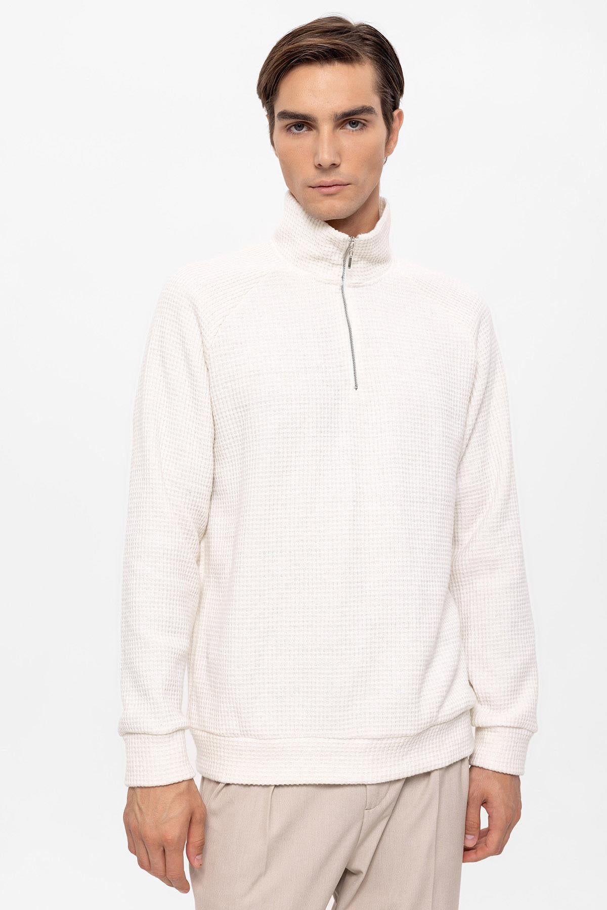 Men's Ecru Half Zipper High Collar Sweater