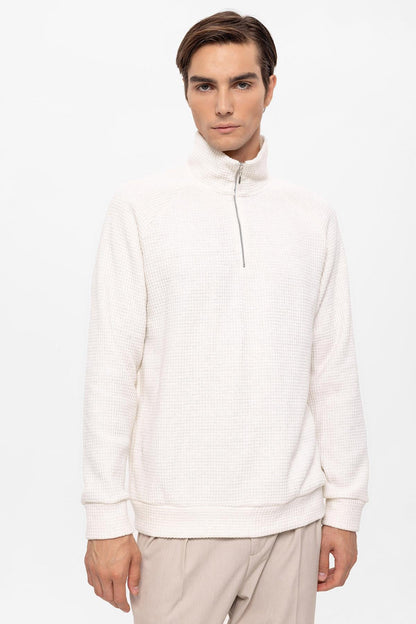 Men's Ecru Half Zipper High Collar Sweater