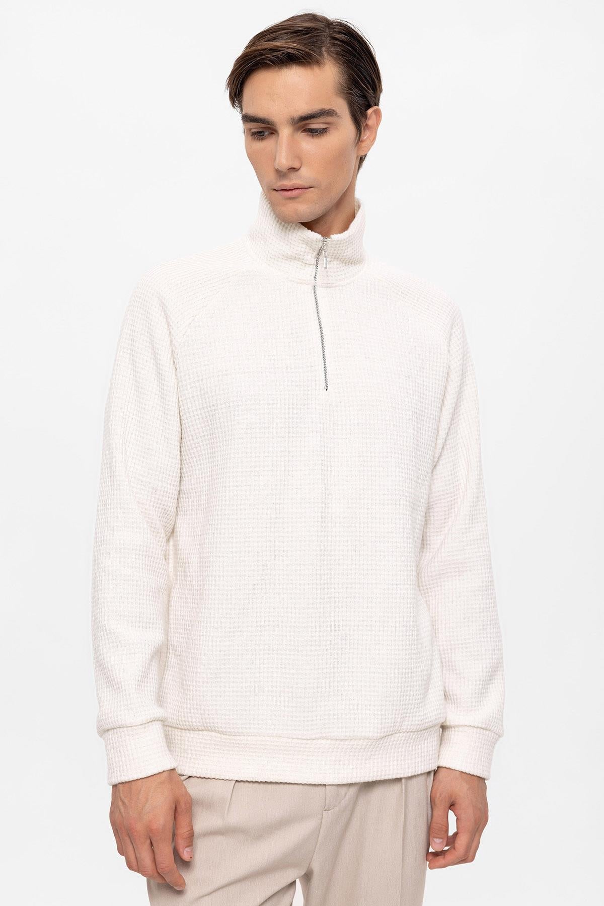 Men's Ecru Half Zipper High Collar Sweater