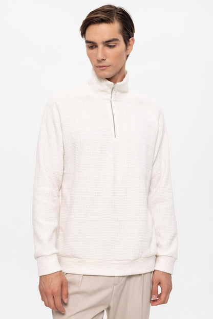 Men's Ecru Half Zipper High Collar Sweater