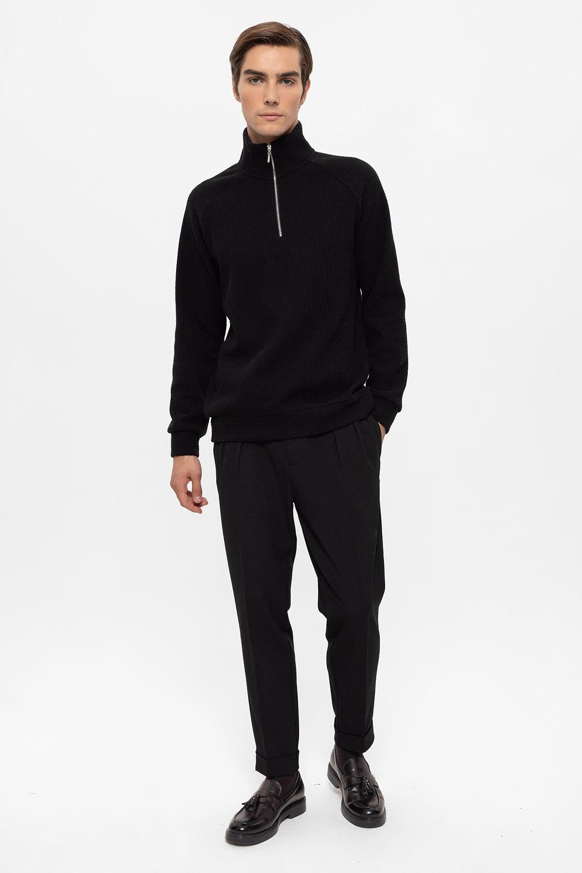 Men's Black Half Zip Stand Collar Sweater