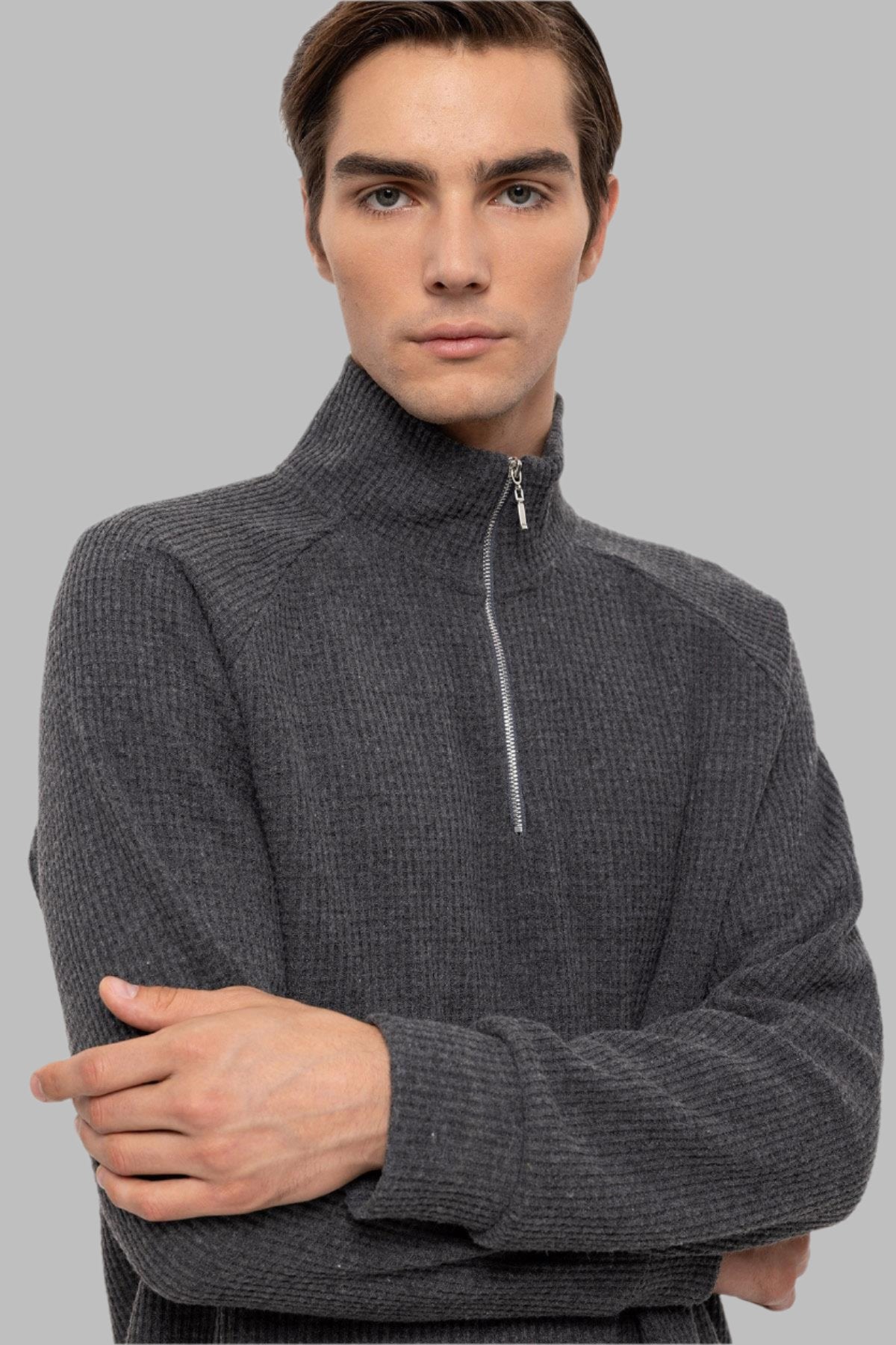 Men's Grey Half Zipper High Collar Sweater