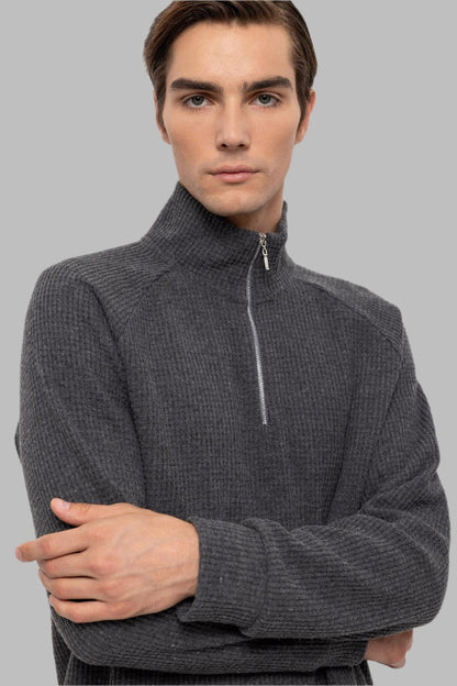 Men's Grey Half Zipper High Collar Sweater