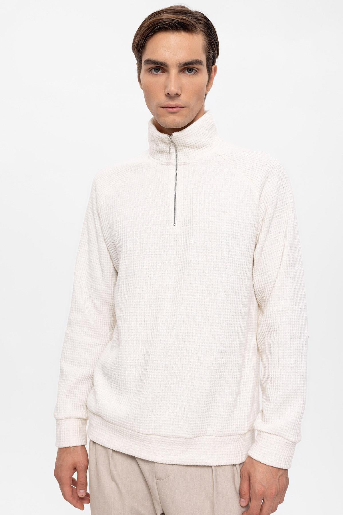 Men's Ecru Half Zipper High Collar Sweater