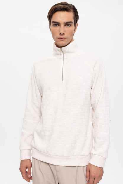 Men's Ecru Half Zipper High Collar Sweater