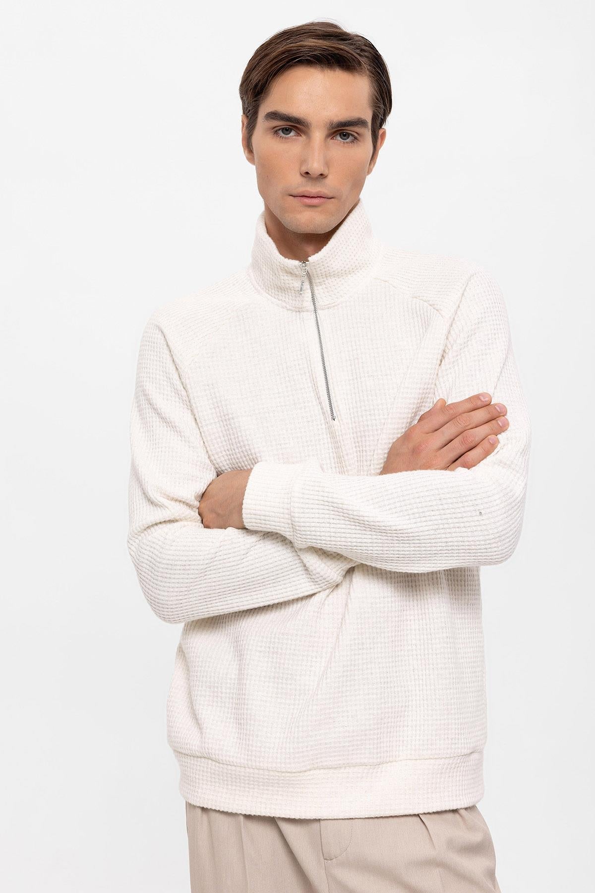 Men's Ecru Half Zipper High Collar Sweater