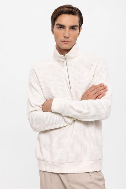 Men's Ecru Half Zipper High Collar Sweater