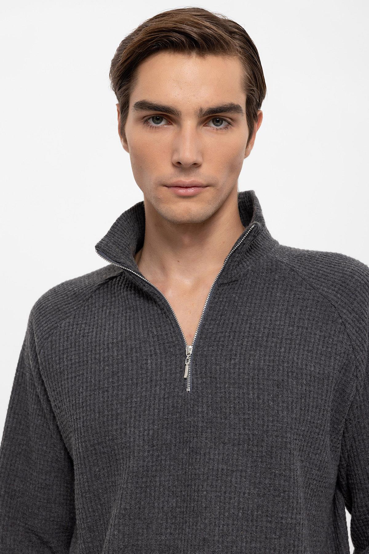 Men's Grey Half Zipper High Collar Sweater