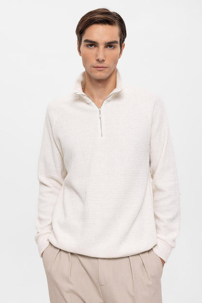 Men's Ecru Half Zipper High Collar Sweater