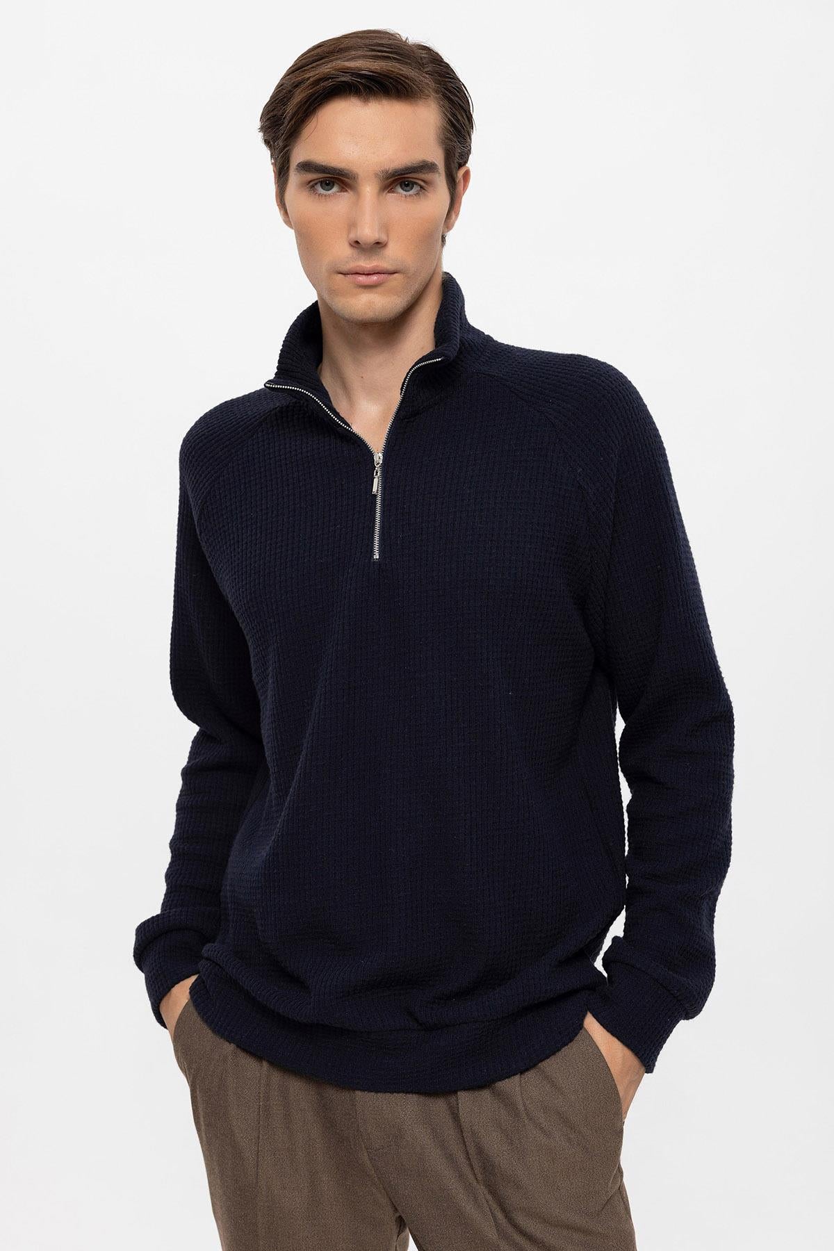 Men's Navy Blue Half Zipper High Collar Sweater