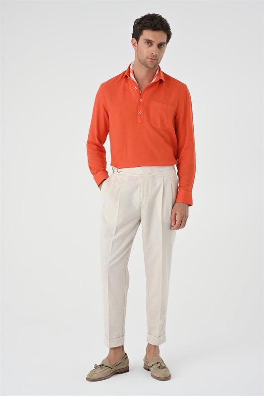 Men's Orange Half Pat Button Closure Long Sleeve Shirt
